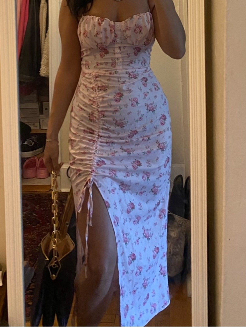Floral Ruched Slip Dress in White and Pink